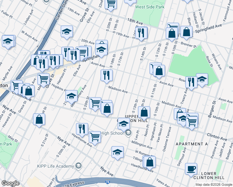 map of restaurants, bars, coffee shops, grocery stores, and more near 877 South 16th Street in Newark