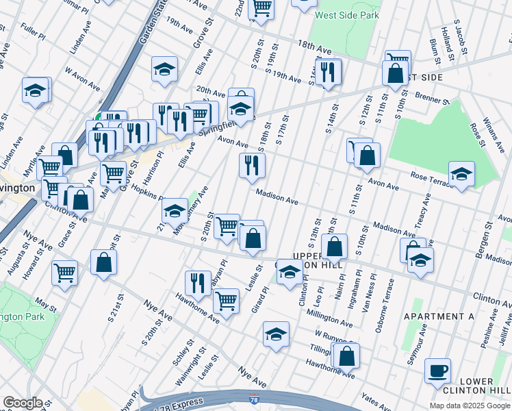 map of restaurants, bars, coffee shops, grocery stores, and more near 896 South 18th Street in Newark