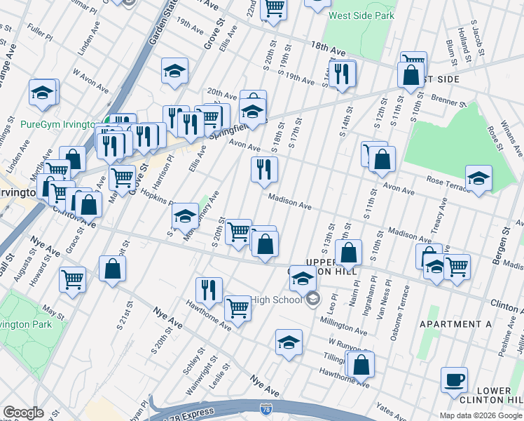 map of restaurants, bars, coffee shops, grocery stores, and more near 896 South 18th Street in Newark