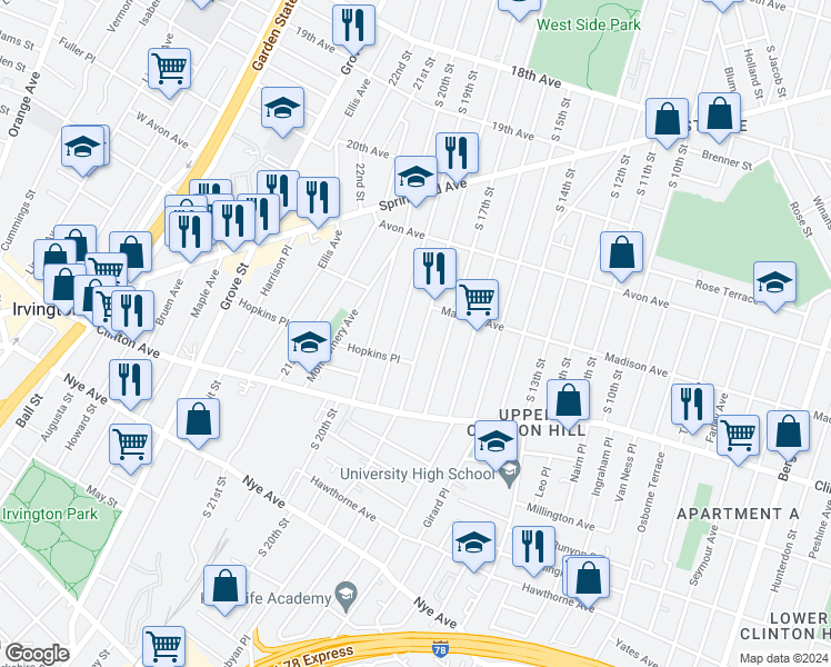 map of restaurants, bars, coffee shops, grocery stores, and more near 896 South 18th Street in Newark