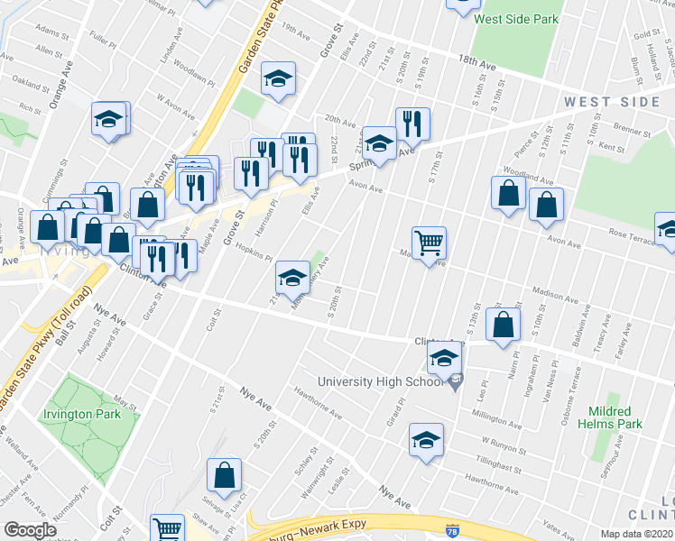 map of restaurants, bars, coffee shops, grocery stores, and more near 46 Hopkins Place in Irvington