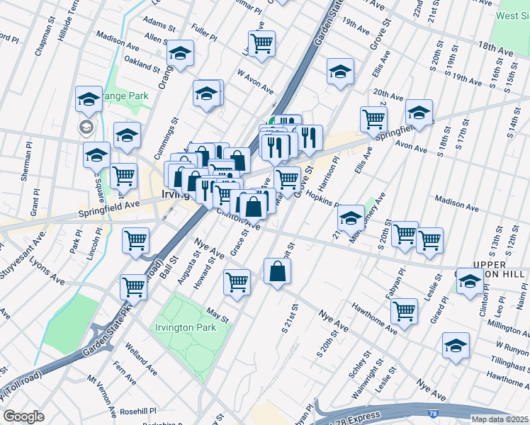 map of restaurants, bars, coffee shops, grocery stores, and more near 991 Clinton Avenue in Irvington