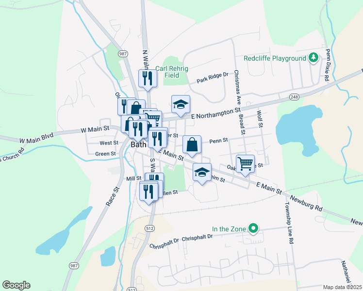 map of restaurants, bars, coffee shops, grocery stores, and more near 221 East Main Street in Bath