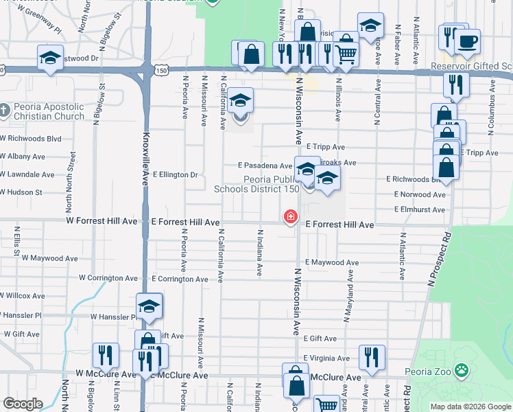 map of restaurants, bars, coffee shops, grocery stores, and more near 703 East Forrest Hill Avenue in Peoria