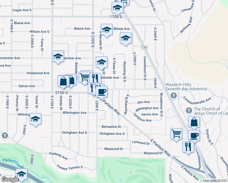 map of restaurants, bars, coffee shops, grocery stores, and more near 2374 East 2100 South in Salt Lake City