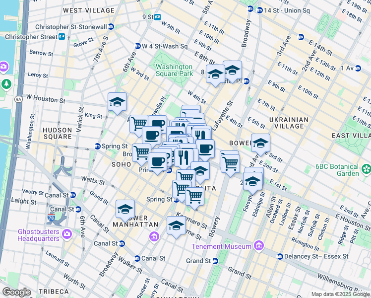 map of restaurants, bars, coffee shops, grocery stores, and more near 610 Broadway in New York