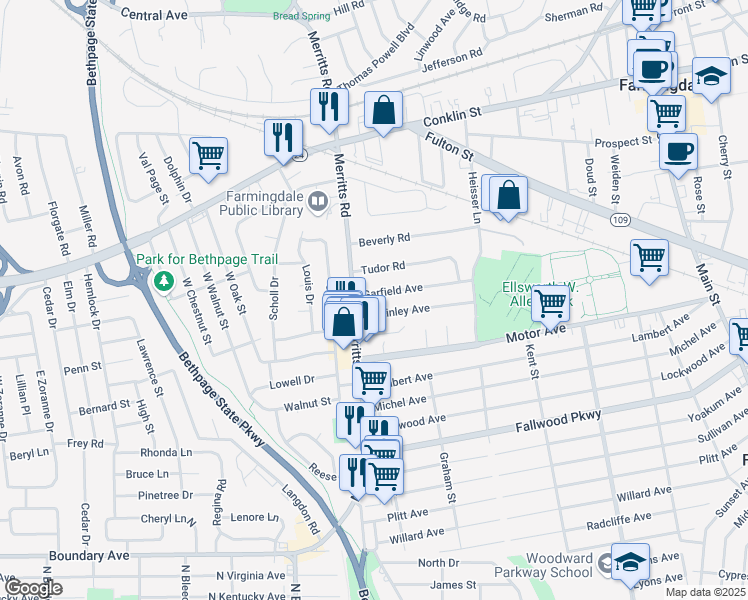 map of restaurants, bars, coffee shops, grocery stores, and more near 8 Garfield Avenue in Farmingdale