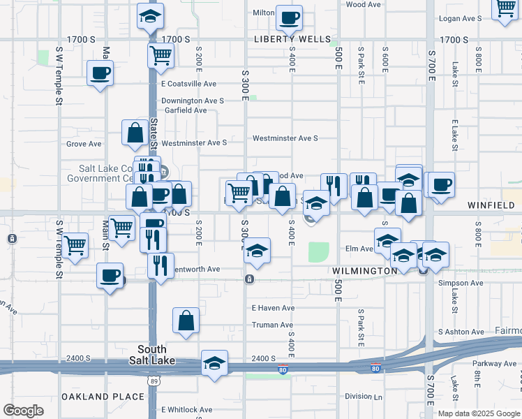 map of restaurants, bars, coffee shops, grocery stores, and more near 2121 South 300 East in Salt Lake City