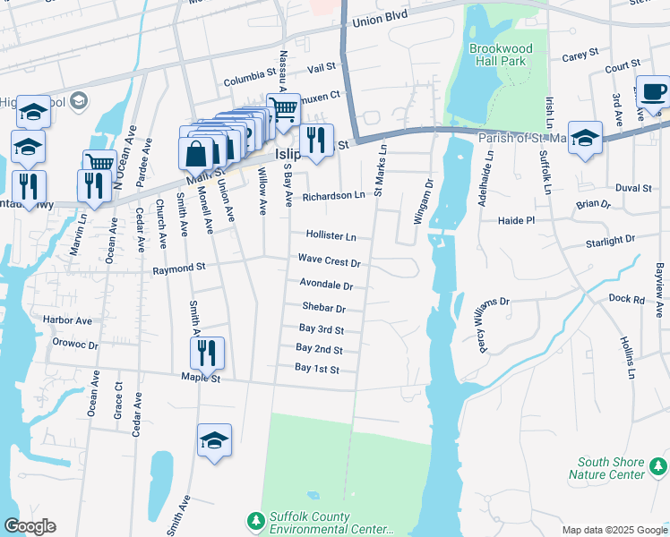 map of restaurants, bars, coffee shops, grocery stores, and more near 27 Avondale Drive in Islip