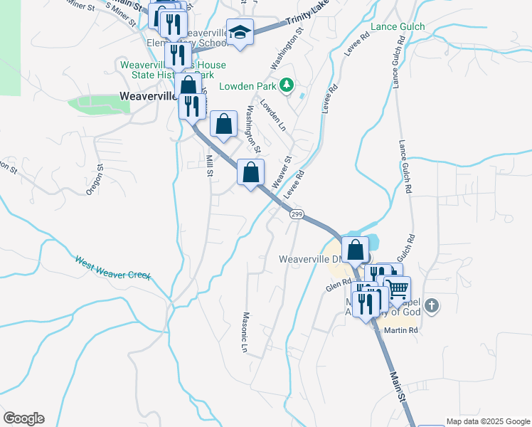 map of restaurants, bars, coffee shops, grocery stores, and more near 50 Masonic Lane in Weaverville