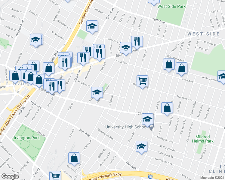 map of restaurants, bars, coffee shops, grocery stores, and more near 895 South 20th Street in Newark