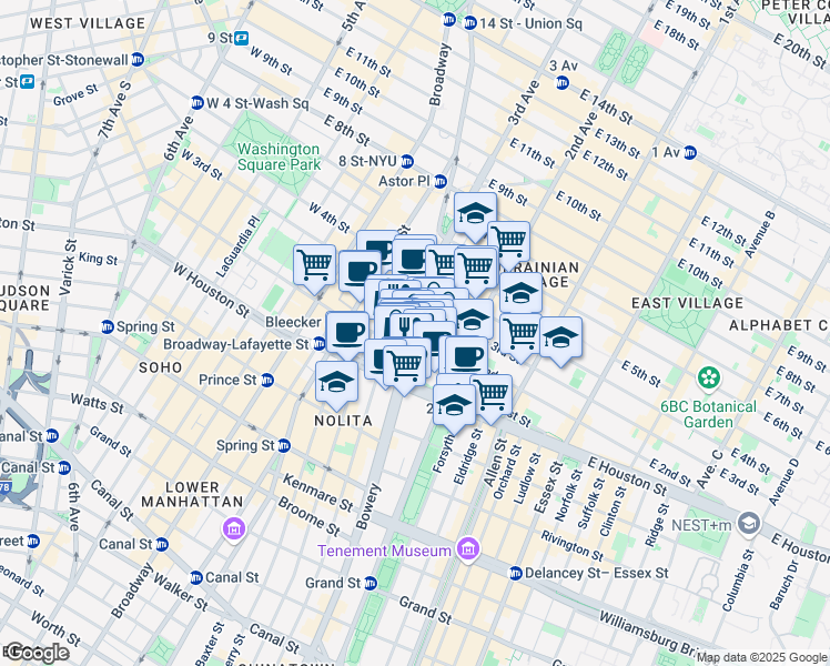 map of restaurants, bars, coffee shops, grocery stores, and more near 51 E 2nd St in New York
