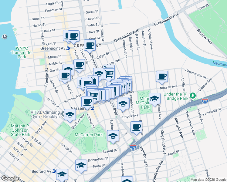 map of restaurants, bars, coffee shops, grocery stores, and more near 94 Newel Street in Brooklyn