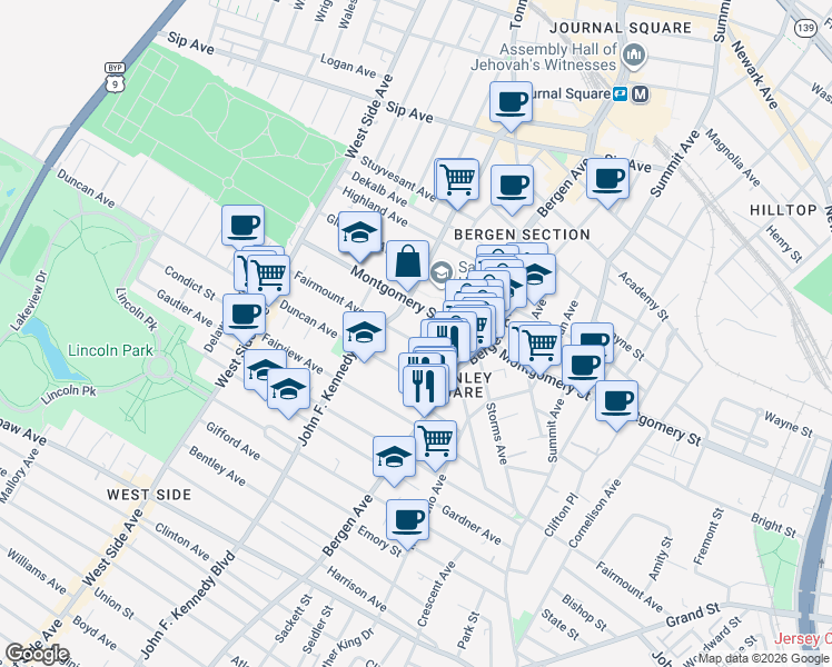 map of restaurants, bars, coffee shops, grocery stores, and more near 1 Britton Street in Jersey City