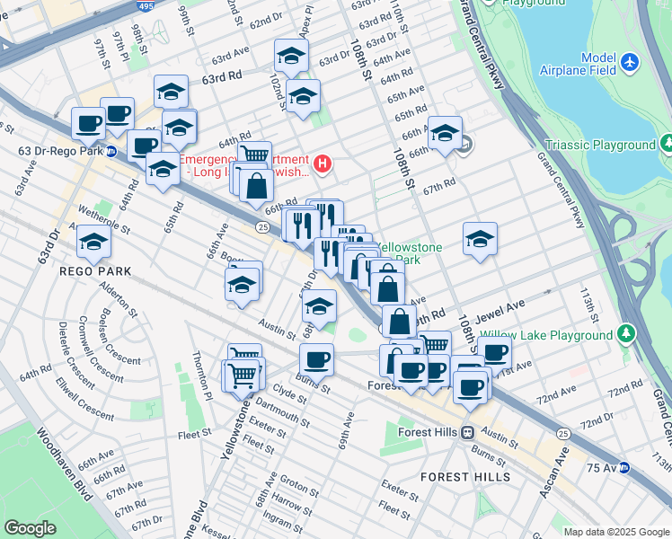 map of restaurants, bars, coffee shops, grocery stores, and more near 102-30 Queens Boulevard in Queens