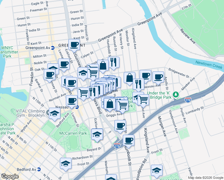 map of restaurants, bars, coffee shops, grocery stores, and more near 2 Jewel Street in Brooklyn