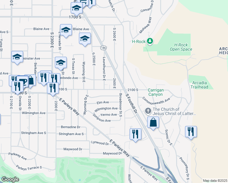 map of restaurants, bars, coffee shops, grocery stores, and more near 2590 East 2100 South in Salt Lake City