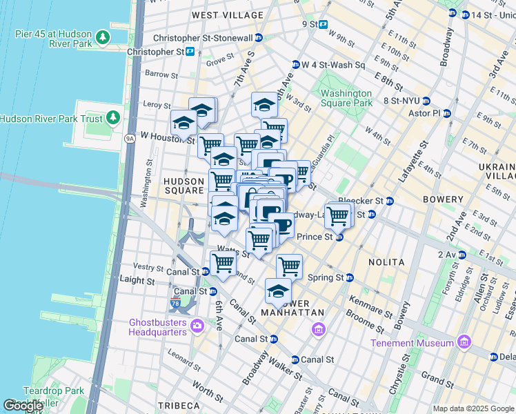 map of restaurants, bars, coffee shops, grocery stores, and more near 103 Sullivan Street in New York