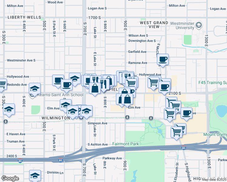 map of restaurants, bars, coffee shops, grocery stores, and more near 850 East 2100 South in Salt Lake City