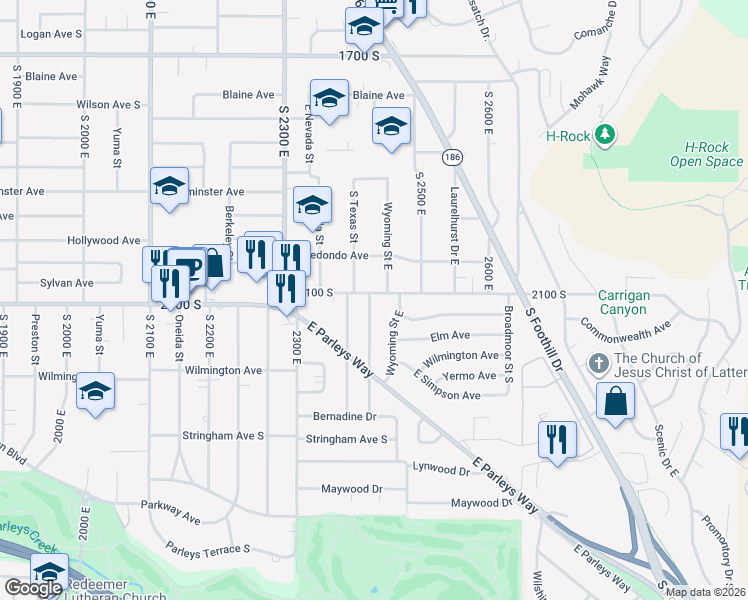 map of restaurants, bars, coffee shops, grocery stores, and more near 2406 East 2100 South in Salt Lake City