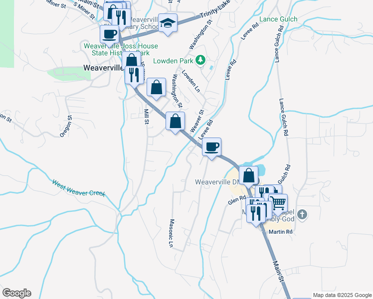 map of restaurants, bars, coffee shops, grocery stores, and more near 50 Masonic Lane in Weaverville