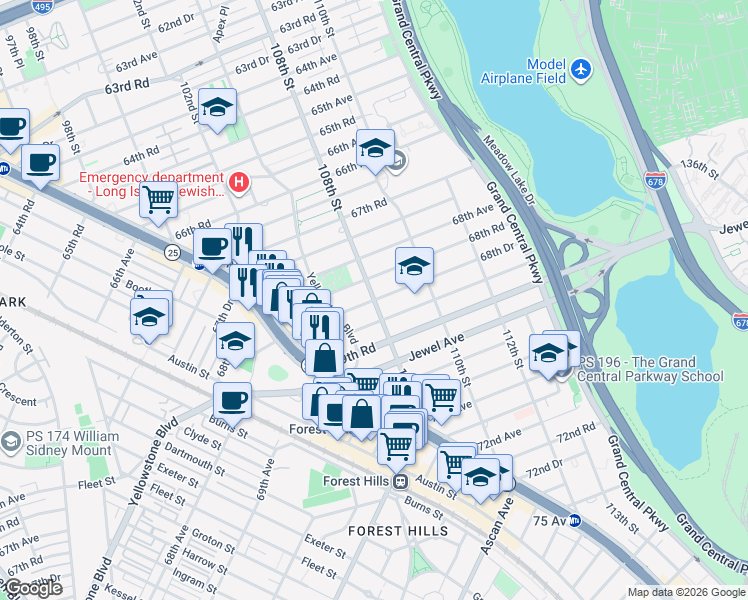 map of restaurants, bars, coffee shops, grocery stores, and more near 68-63 108th Street in Queens