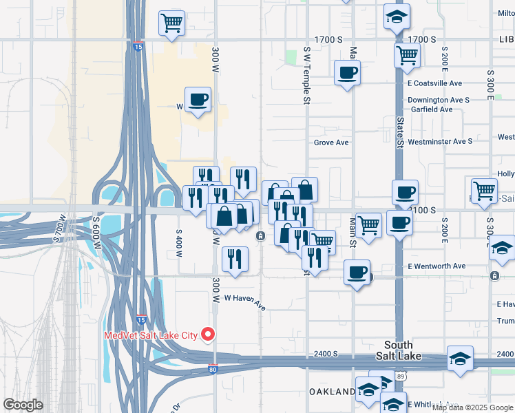map of restaurants, bars, coffee shops, grocery stores, and more near 204 West 2100 South Expressway in Salt Lake City