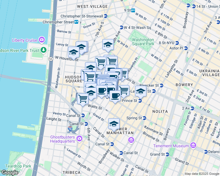 map of restaurants, bars, coffee shops, grocery stores, and more near 101 Thompson Street in New York