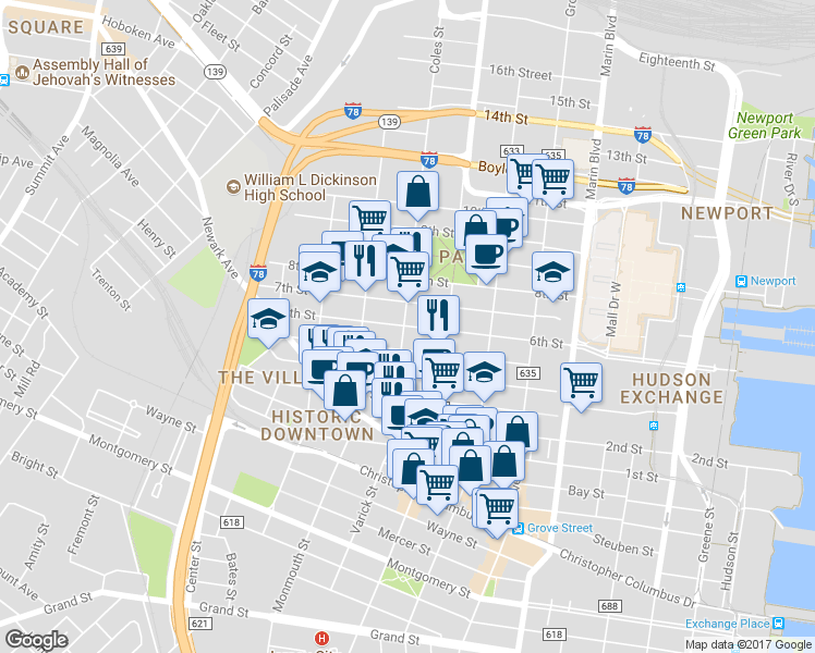 map of restaurants, bars, coffee shops, grocery stores, and more near 288 6th Street in Jersey City