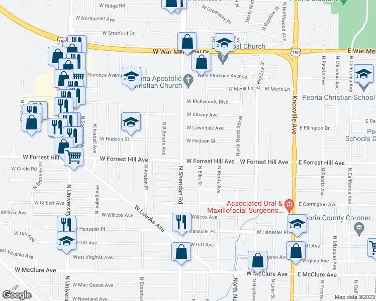 map of restaurants, bars, coffee shops, grocery stores, and more near 611 West Forrest Hill Avenue in Peoria