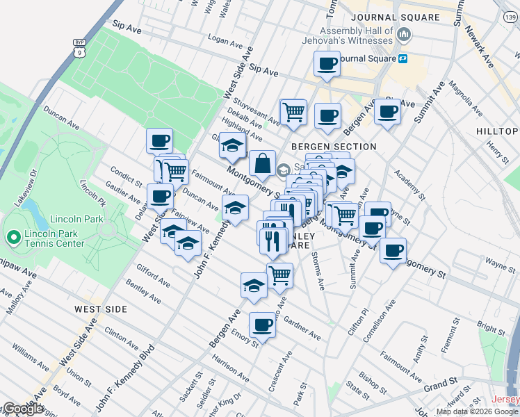 map of restaurants, bars, coffee shops, grocery stores, and more near 340 Fairmount Avenue in Jersey City