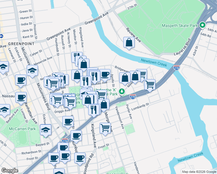 map of restaurants, bars, coffee shops, grocery stores, and more near 66 Hausman Street in Brooklyn