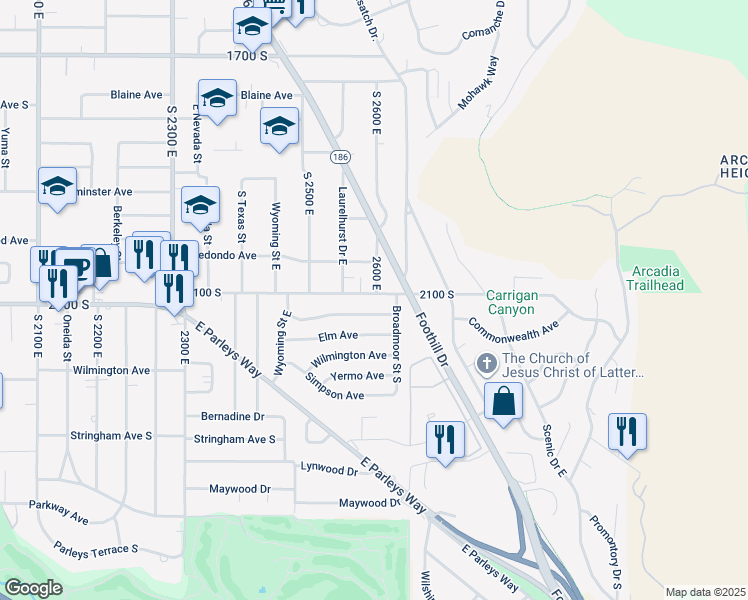 map of restaurants, bars, coffee shops, grocery stores, and more near 2590 East 2100 South in Salt Lake City
