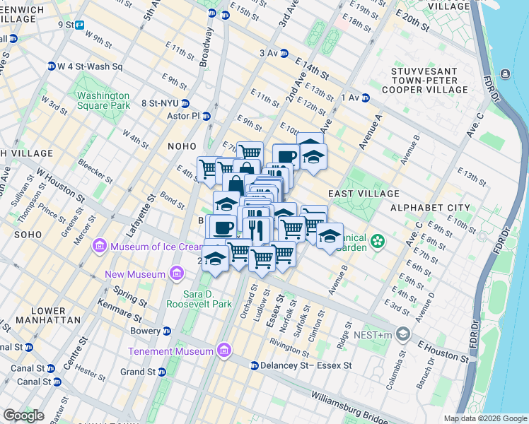 map of restaurants, bars, coffee shops, grocery stores, and more near 57 1st Avenue in New York