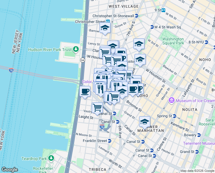 map of restaurants, bars, coffee shops, grocery stores, and more near 38 Dominick Street in New York