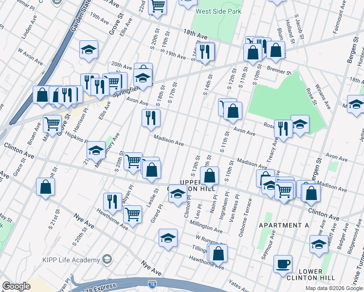 map of restaurants, bars, coffee shops, grocery stores, and more near 844 South 15th Street in Newark