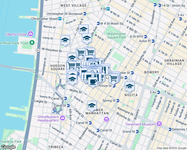 map of restaurants, bars, coffee shops, grocery stores, and more near 436 West Broadway in New York