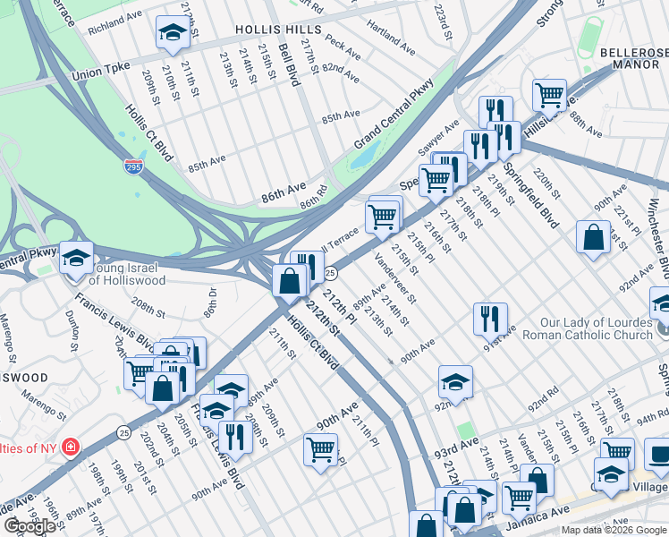 map of restaurants, bars, coffee shops, grocery stores, and more near 88-24 213th Street in Queens