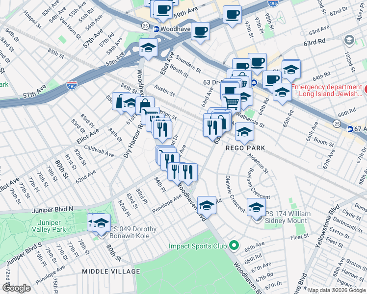 map of restaurants, bars, coffee shops, grocery stores, and more near 63rd Avenue in Queens