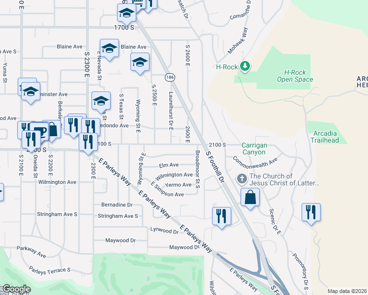 map of restaurants, bars, coffee shops, grocery stores, and more near 2580 East 2100 South in Salt Lake City