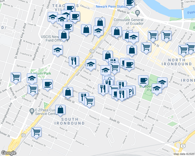 map of restaurants, bars, coffee shops, grocery stores, and more near Oliver St & Mcwhorter St in Newark