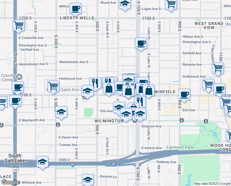 map of restaurants, bars, coffee shops, grocery stores, and more near 581 East 2100 South in Salt Lake City