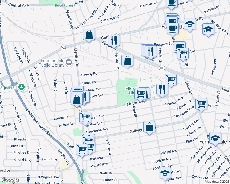 map of restaurants, bars, coffee shops, grocery stores, and more near 78 Heisser Lane in Farmingdale