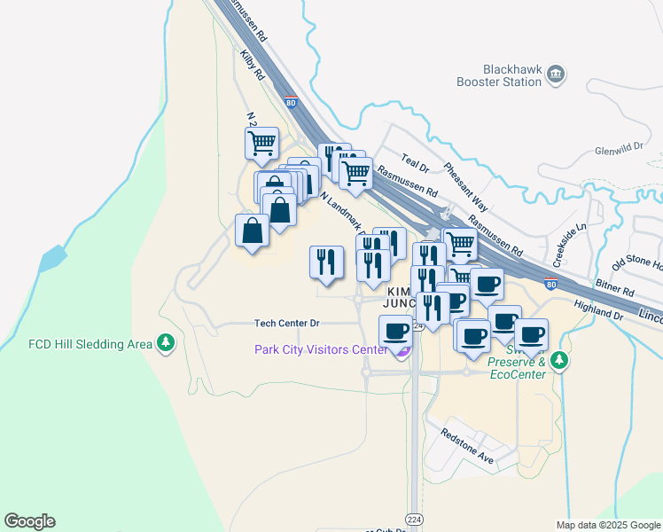 map of restaurants, bars, coffee shops, grocery stores, and more near 6543 North Landmark Drive in Park City
