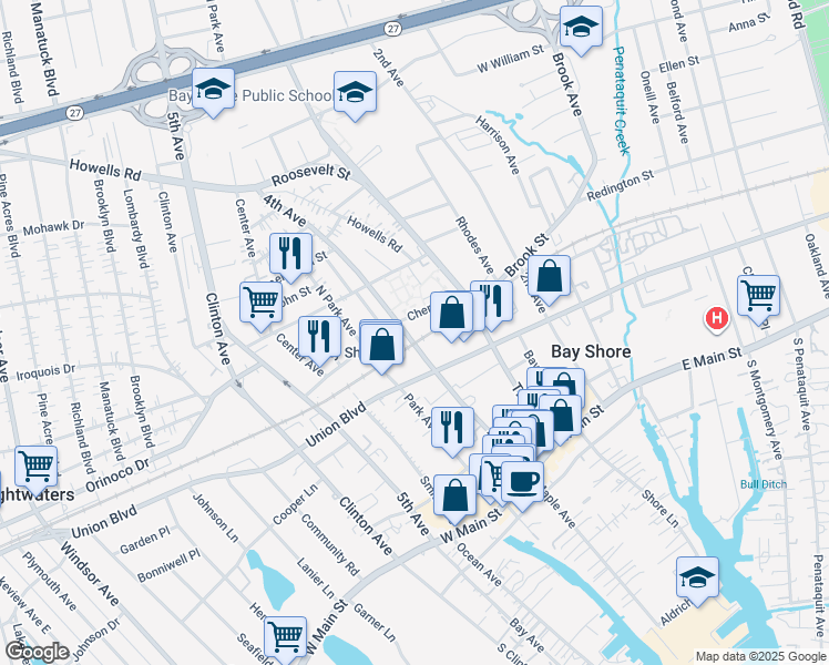 map of restaurants, bars, coffee shops, grocery stores, and more near in Bay Shore
