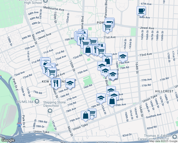 map of restaurants, bars, coffee shops, grocery stores, and more near 153rd Street in Queens