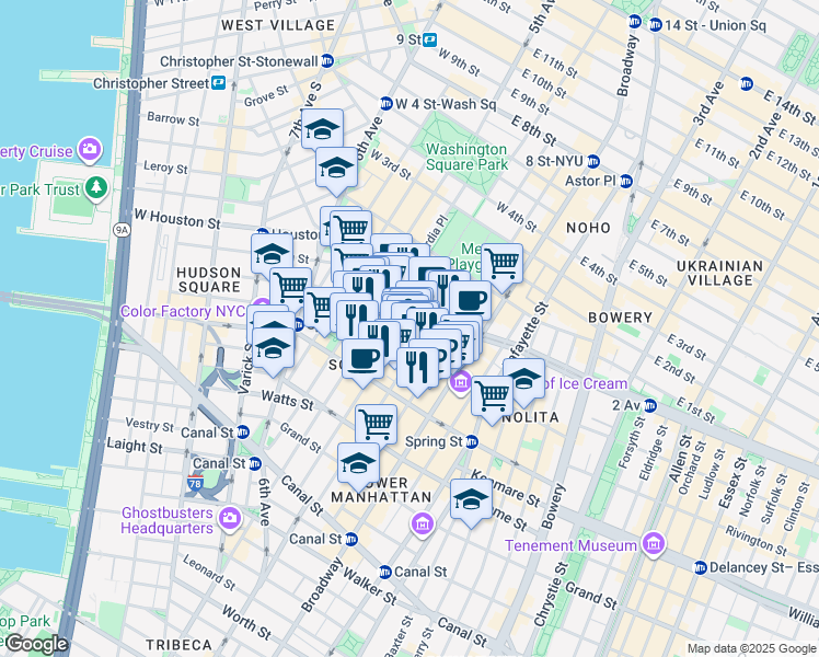 map of restaurants, bars, coffee shops, grocery stores, and more near 110 Prince Street in New York