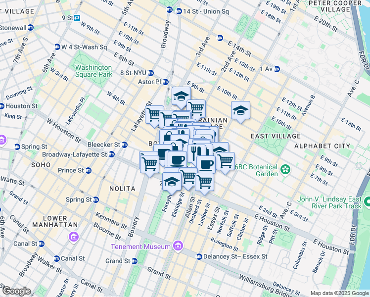 map of restaurants, bars, coffee shops, grocery stores, and more near 68 East 3rd Street in New York