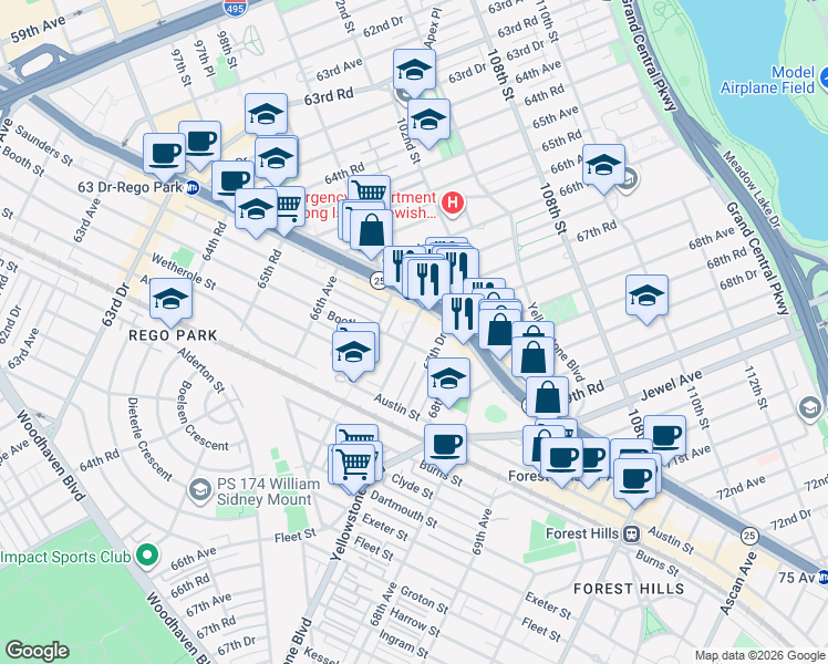 map of restaurants, bars, coffee shops, grocery stores, and more near 67-50 Booth Street in Queens