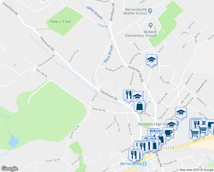 map of restaurants, bars, coffee shops, grocery stores, and more near 1 1 Mendham Road in Bernardsville